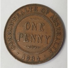 AUSTRALIA 1934 .  ONE 1 PENNY . ERROR . PLANCHET FLAW ON KING'S HEAD
